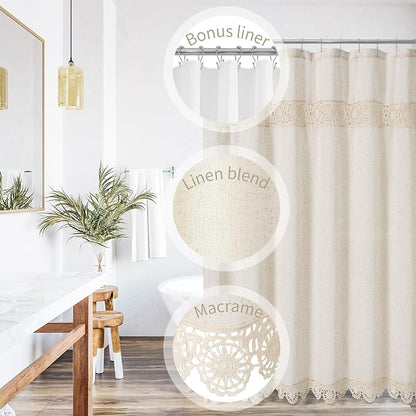 Boho Farmhouse Shower Curtain Set, Linen Cotton Fabric Shower Curtain with Macrame Lace Decor, Modern Bohemian French Country Chic Bathroom Curtain with PEVA Liner 72x72 - Beige/Cream | Farmhouse Shower Curtain with Macrame Decor, Bohemian Cotton Frenc...