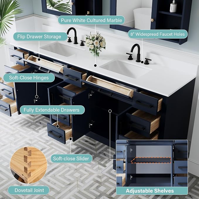 84-Inch Bathroom Vanity with Double Sinks W/ 4 Doors & 12 Drawers & 2 Flip Drawers, Navy Blue Vanity W/Matte Black Handles