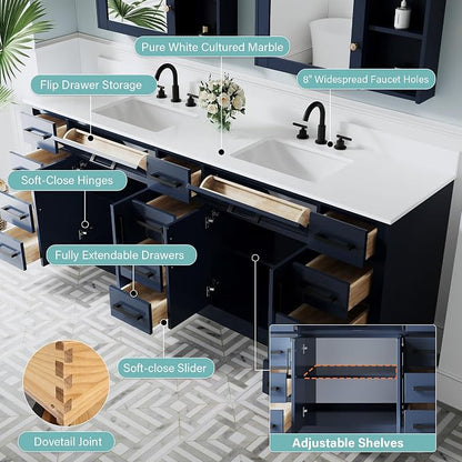84-Inch Bathroom Vanity with Double Sinks W/ 4 Doors & 12 Drawers & 2 Flip Drawers, Navy Blue Vanity W/Matte Black Handles
