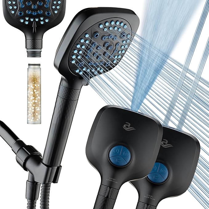 AquaCare 4X 10-Mode High Pressure Hand Shower w/Filter & 2-mode Power Wash | Filters Chlorine & Toxins, Softens Hard Water for Healthy Skin & Hair. Handheld Power Head Cleans Tub, Tile & Pets / Black