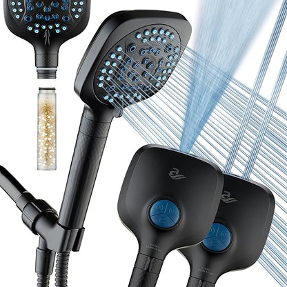 AquaCare 4X 10-Mode High Pressure Hand Shower w/Filter & 2-mode Power Wash | Filters Chlorine & Toxins, Softens Hard Water for Healthy Skin & Hair. Handheld Power Head Cleans Tub, Tile & Pets / Black