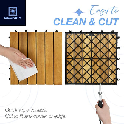Acacia Interlocking Deck Tiles Outdoor Waterproof, Golden Teak Striped | Natural Acacia Wood, Raised Base Drainage, Non-Slip Grip, 490 lb Capacity, Oil-Rubbed Finish,Easy Clean,Tool-Free