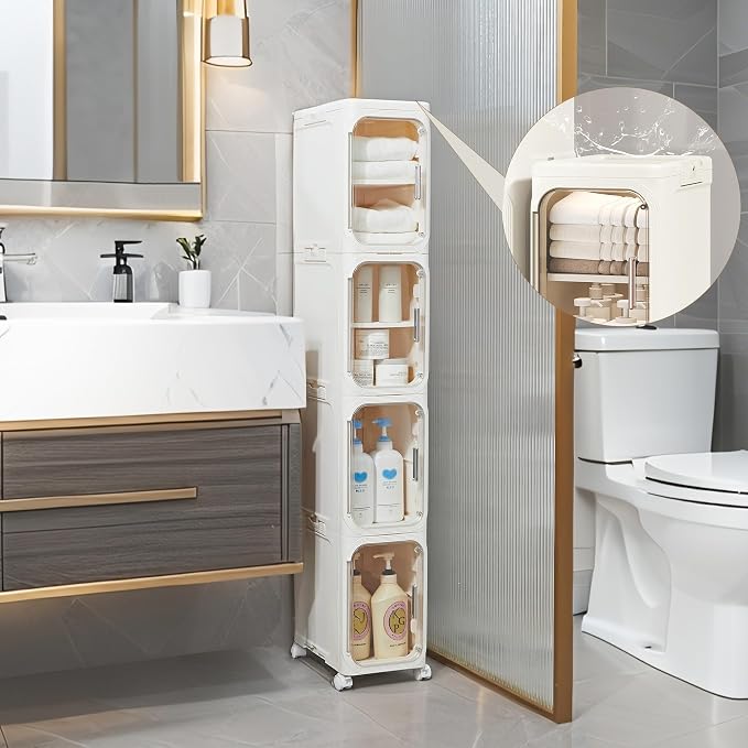 2-Tier Narrow Storage Cabinet Slim Bathroom Skinny Organizer with Wheels | Slim Storage Cabinet with Lockable Rolling Wheels Adjustable Detachable Shelves Snap Assembly for Small Spaces,Snow White