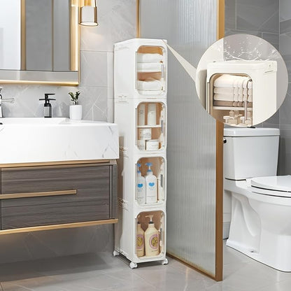 4-Tier Narrow Storage Cabinet Slim Bathroom Tall Skinny Organizer,Beige | Foldable Storage Cabinet with Lockable Rolling Wheels Magnetic Clear Door Adjustable Detachable Shelves For Narrow Space