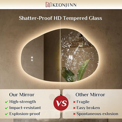 Keonjinn 22 x 30 Inch Asymmetrical Backlit Bathroom Mirror with Lights, LED Irregular Mirror with HD Tempered Glass, UL-Listed LED Driver, 3 Color Lights, Dimmable, Memory Function, Safe Defogging