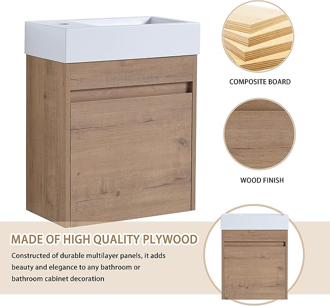 18 Inch Small Bathroom Vanity with Sink, 18" Floating Bathroom Vanity for Small Space, Wall Mounted Cabinet Set with Resin Basin Sink, Soft Close Door (IMO, 005-18" W X 10" D)