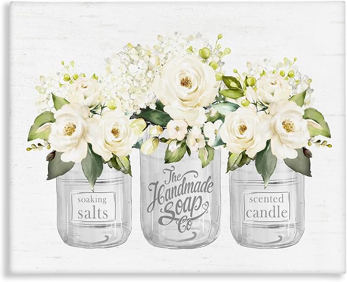 White Roses Rustic Candle Jars, 30 x 40 Inch Canvas Wall Art | Stupell Industries · By Lettered and Lined · Ready to hang · Charming country decor for bathroom or living room · Made in USA