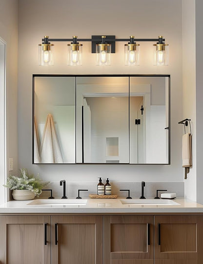Bathroom Light Fixture, Bathroom Vanity Light Over Mirror, 5-Lights | Vanity Lights for Bathroom, Modern Lighting Fixtures with Clear Glass Shade, Black and Gold Vanity Lights, ETL Listed