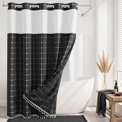 RiverDream Farmhouse No Hooks Shower Curtain with Snap-in Liner,Black,71x74 | Snap on Fabric Liner,Heavy Duty,Quick Dry,Mesh Top Window,With Bottom Magnets,Washable,with Tassels,Standard Size