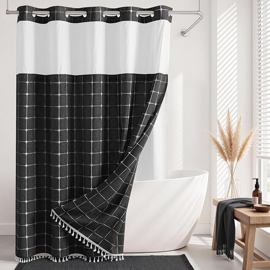 RiverDream Farmhouse No Hooks Shower Curtain with Snap-in Liner,Black,71x74 | Snap on Fabric Liner,Heavy Duty,Quick Dry,Mesh Top Window,With Bottom Magnets,Washable,with Tassels,Standard Size