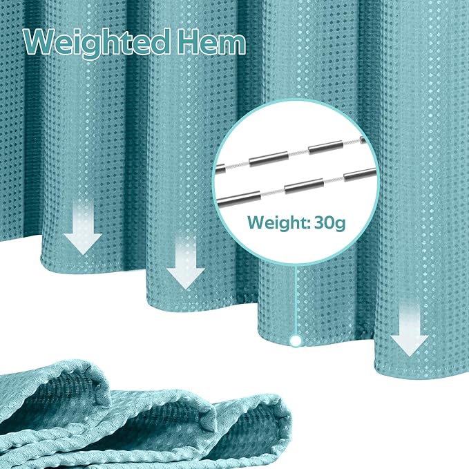 3 in 1 Shower Curtain Set, Waffle Shower Curtain and Liner Set with 12 Double Sided Shower Curtain Hooks, 258GSM Luxury Weighted Cloth Shower Curtains for Bathroom, 72 W x 72 H, Teal
