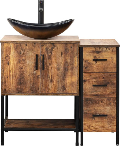 UEV 36" Rustic Brown Bathroom Vanity with Sink Combo,Industrial Iron Frame Bathroom Cabinet Sets with 3 Drawers Side Cabinet,Modern Champagne Boat Tempered Glass Vessel Sink(029CH)