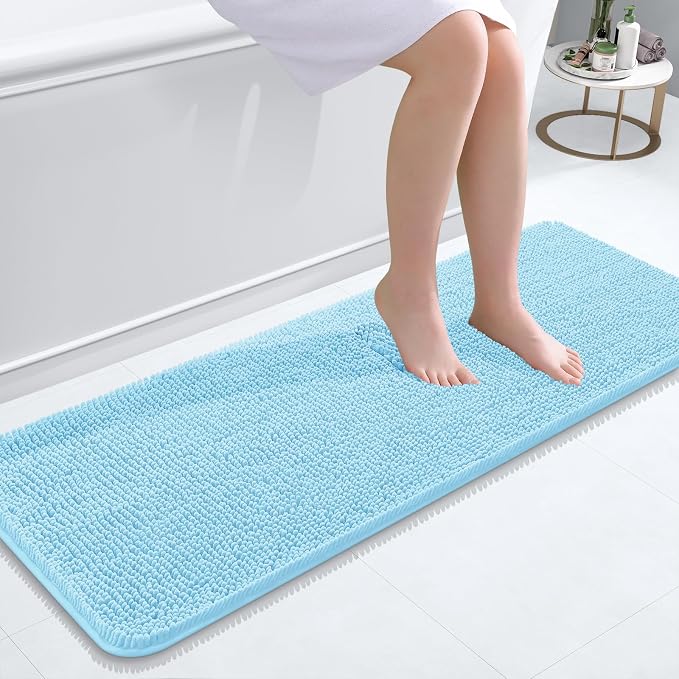 OLANLY Bathroom Runner Rugs 47x17, Extra Soft Absorbent Chenille Bath Rugs | Sky Blue, Quick-Drying Rubber Backing, Washable Long Bath Mat for Bathroom Floor, Tub and Shower, Home Decor Accessories