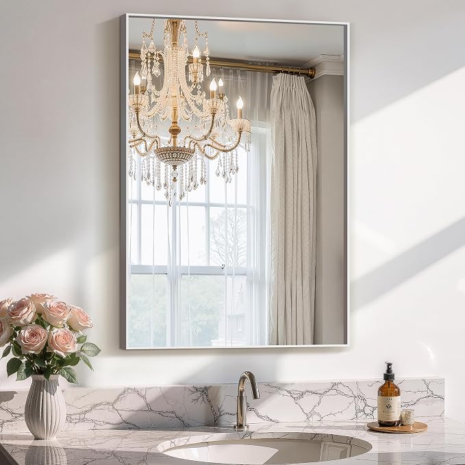 Bathroom Vanity Mirror for Wall, 20"x30" Bathroom Mirror for Over Sink | HD Shatterproof Glass, Rectangular Metal Frame, Horizontally or Vertically, Mirror for Bathroom, Living Room, Entryway,Silver