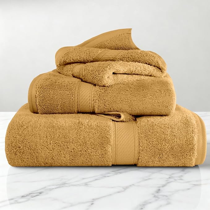 Superior Egyptian Cotton Ultra Plush & Absorbent, 3 Piece Set, Gold | Quick Dry, Soft Luxury Towel Set, Bath Essentials, Guest Bath, Spa, 1 Bath, 1 Hand, 1 Face Towels, Madeline Towels