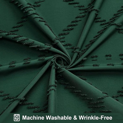 Dark Green Boho Fabric Shower Curtain with Tassel 72x84, Tufted Textured | Modern Farmhouse Curtain for Bathroom, Extra Long Bathroom Curtain, Minimalist Decor, Waterproof