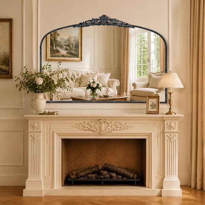 Micasso Oversized Black Arched Mirror: 55"x36" Baroque Vintage Wall Mirror | French Antique Traditional Ornate Decorative for Entryway/Bedroom/Bathroom/Hallway/Fireplace - Home Decor for Living Room