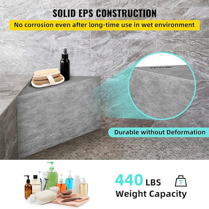 VEVOR Tile Shower Seat, 22.4" x 16" x 20" Ready to Tile Shower Seat, Factory Waterproof & 100% Leak Proof Tileable Shower Corner Seat, 440lbs Load-Bearing Triangular Board Shower Bench, Grey