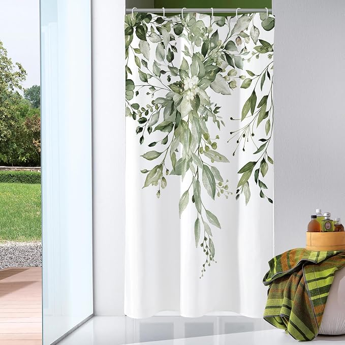 Olive Green Eucalyptus Shower Curtain, Floral Print, 54x72 | Watercolor Plant Leaves Floral Print, Stall Waterproof Fabric Bathroom Decor, Machine Washable, Rustproof Grommets