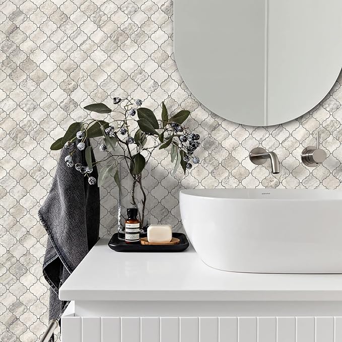 STICKGOO Arabesque Peel and Stick Backsplash Tile, Stick on Backsplash for Kitchen and Bathroom, Beige Marble Look PVC Mixed Metal Aluminum Mosaic Tiles (10 Sheets)
