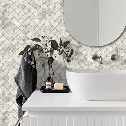 STICKGOO Arabesque Peel and Stick Backsplash Tile, Stick on Backsplash for Kitchen and Bathroom, Beige Marble Look PVC Mixed Metal Aluminum Mosaic Tiles (10 Sheets)