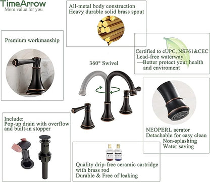 Oil Rubbed Bronze 8 inch Widespread Bathroom Sink Faucet 3 Holes with Pop-Up Drain, 2 Handle Modern Bathroom/Vanity/Lavatory Faucet with Brass 360° Swivel Spout, TAF830Y-ORB