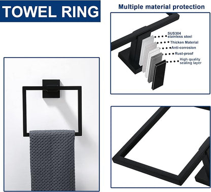 5 Pieces Bathroom Hardware Accessories Set Matte Black, 24Inch Square Towel Racks Set for Bathroom, SUS304 Stainless Steel Towel Bar Set, Bath Accessories Sets Wall Mounted