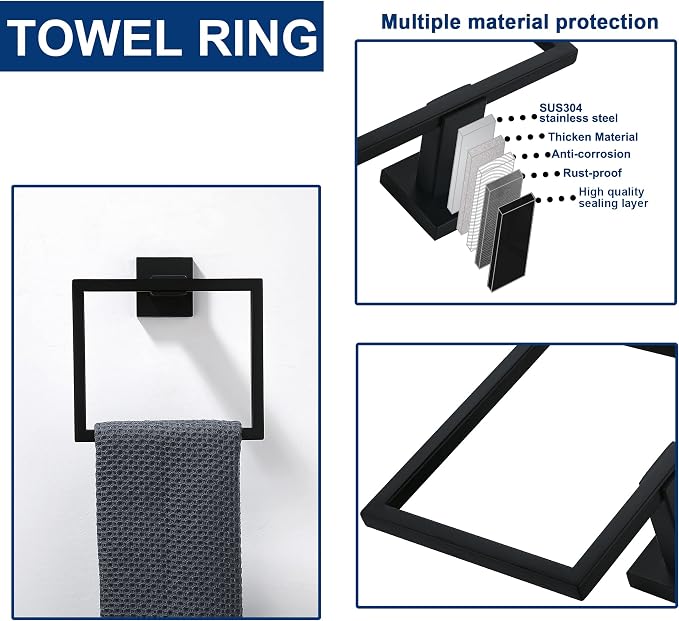 10 Pieces Bathroom Hardware Accessories Set Black, Bathroom Towel Rack Set SUS304 Stainless Steel, Square Bath Towel bar Set Heavy Duty, Wall Mounted