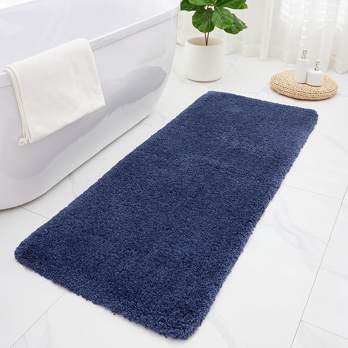 ILANGO Navy Blue Bathroom Rugs 60" × 24" Non Slip & Super Absorbent Thick Soft, Washable Bath Carpet Runner for Floor, Microfiber Plush Shaggy Bath Mats with Rubber for Bedroom Bathtub Shower Room