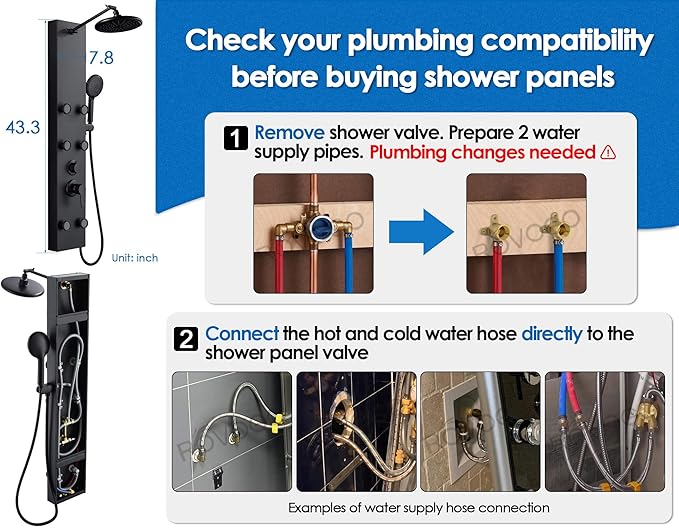 ROVOGO Shower Panel Tower System with Height Adjustable Shower Arm, Rain Shower, 6 Body Jets and Handheld, Stainless Steel Shower Column, All Black