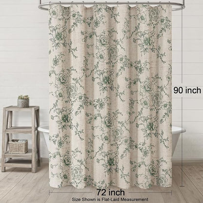 Farmhouse Floral Linen Shower Curtain, Vintage Green Pattern Rustic Shower Curtains for Bathroom, 72x90 Extra Long