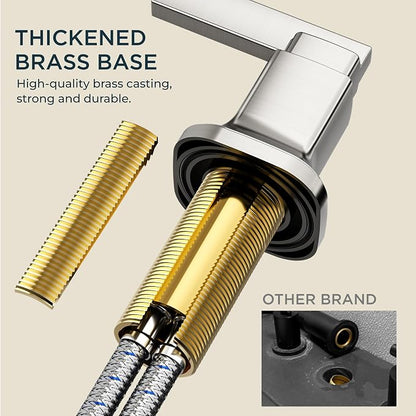 FORIOUS Bathroom Faucet 3 Hole Widespread Sink Faucets Brushed Nickel | 3-hole 4-12 Inch Widespread Sink, Square Waterfall Spout, with Drain and Hoses,for Vanity Rv Commercial Lavatory Restroom
