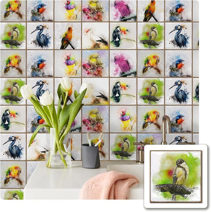 Alwayspon Vinyl Sticker Peel and Stick, Self-Adhesive Wall Tile Transfers Backsplash Sticker Decal for Kitchen Bathroom, 6x6inch/15x15cm 30Pcs, Birds T033