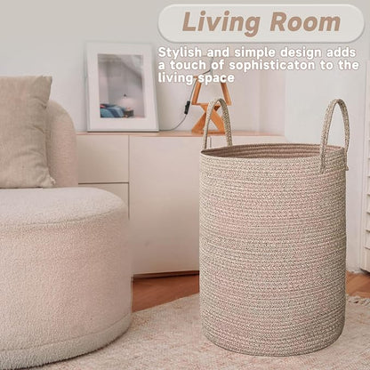 JMvicyroam 80L Cotton Rope Laundry Basket Hamper, Oatmeal | Collapsible laundry basket, reinforced handles, freestanding, machine washable, holds 3-5 thick blankets, clothes or toys