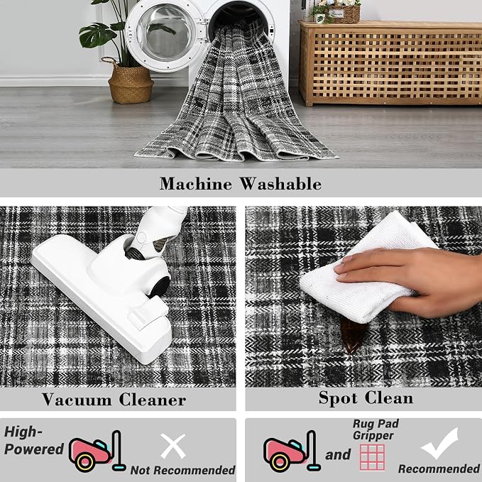 Large Area Rug - 10x13 Modern Black/Grey Plaid Rug for Bedroom, Living Room, Dining Room - Soft, Non-Slip, Low Pile, Stain Resistant Carpet