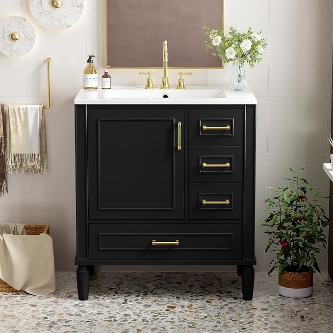 30" Bathroom Vanity with Sink,Free Standing Single Basin Vanity Set w/ 3 Drawers & Soft Closing Door,Solid Wood Frame,Metal Handles,Modern Storage Cabinet for Small Space,Black