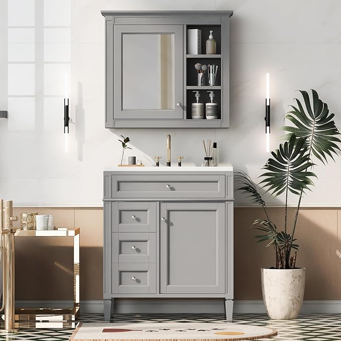 Merax 30 Inch Bathroom Vanity with Sink Set, Modern Bathroom Vanity Storage Cabinet with Matching Mirror Medicine Cabinet, Solid Wood Frame，Painted Finish, 2 Drawers and 1 Tip-Out Drawer, Grey