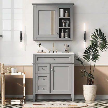 Merax 30 Inch Bathroom Vanity with Sink Set, Modern Bathroom Vanity Storage Cabinet with Matching Mirror Medicine Cabinet, Solid Wood Frame，Painted Finish, 2 Drawers and 1 Tip-Out Drawer, Grey