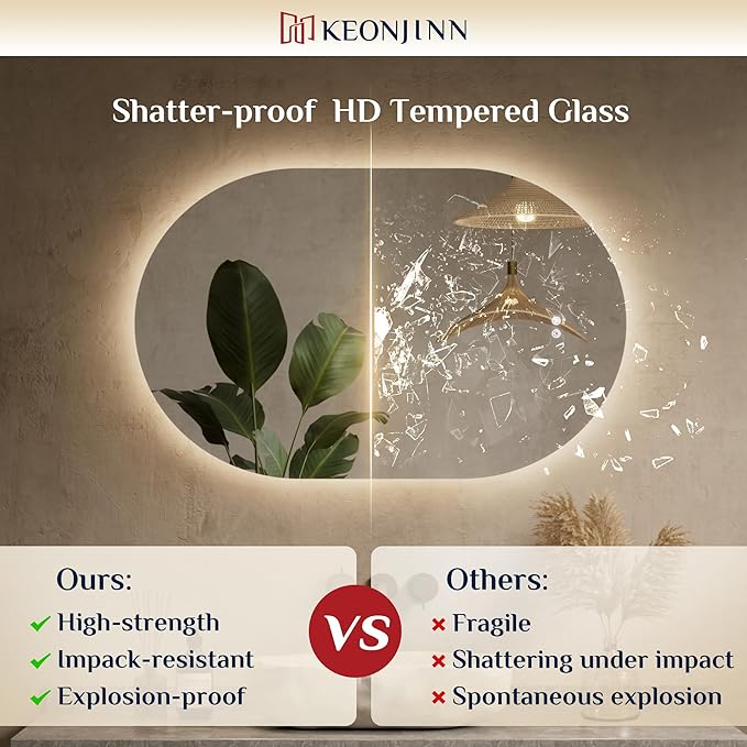 Keonjinn 24 x 36 Inch Oval LED Mirror with Backlit, Pill-Shaped Backlit Mirror Bathroom with HD Tempered Glass, UL-Listed Driver, 3000K/4500K/6500K, Defogging, Lighted Mirrors for Bathroom Wall