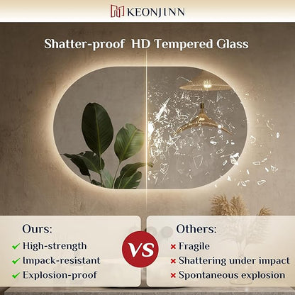 Keonjinn 24 x 36 Inch Oval LED Mirror with Backlit, Pill-Shaped Backlit Mirror Bathroom with HD Tempered Glass, UL-Listed Driver, 3000K/4500K/6500K, Defogging, Lighted Mirrors for Bathroom Wall