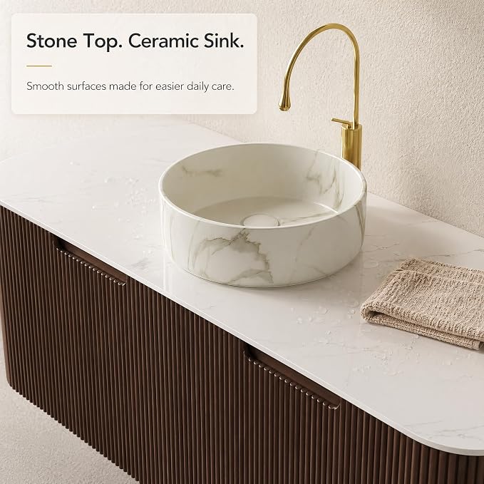 48 Inch Bathroom Vanity with Sink, Floating Wall Mounted Single Sink Vanity, Dark Walnut Curved Fluted Front, Stone Top, Marble-Look Round Vessel Basin, Pre-Assembled