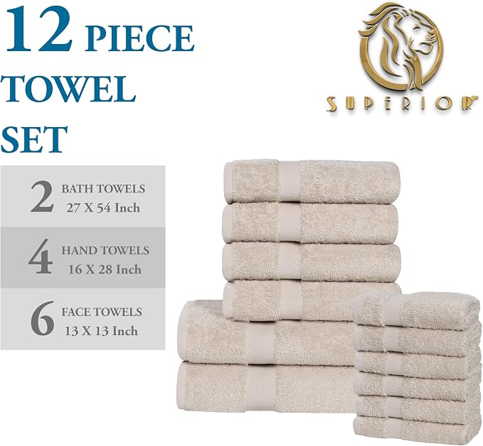 Superior 12-Piece Cotton Assorted Towel Set, Includes 6 Face Towel, 4 Hand, and 2 Bath Towels, Home, Bathroom, Guest Bath Essentials, Quick Dry, Absorbent, Franklin Collection - Stone