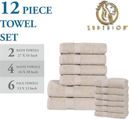 Superior 12-Piece Cotton Assorted Towel Set, Includes 6 Face Towel, 4 Hand, and 2 Bath Towels, Home, Bathroom, Guest Bath Essentials, Quick Dry, Absorbent, Franklin Collection - Stone