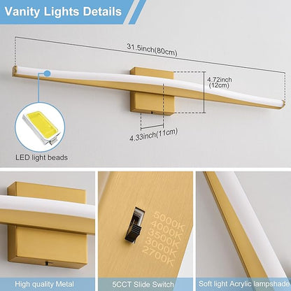 Modern Bathroom Vanity Light 32 inch, Curved, Dimmable 5CCT Led Bathroom Light Fixture Over Mirror, Gold Bar Vanity Light for Bathroom Mirror Cabinets-ETL Certificated Modern LED Vanity Makeup Lights
