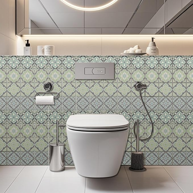 36 Pcs 4 Style Gray Pattern Peel and Stick Tile Sticker, 4x4inch | Cyan Pattern Wall Stickers Waterproof Self Adhesive Stick on Tile Decals for Kitchen Bathroom Art Decor