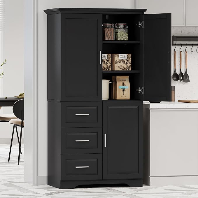 Merax 62.2" Pantry Cabinet with Three Doors & Three Drawers, Adjustable Shelves Storage Cupboard for Kitchen/Dining Room/Bathroom, Black