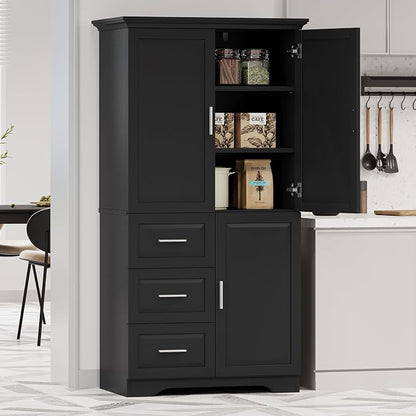 Merax 62.2" Pantry Cabinet with Three Doors & Three Drawers, Adjustable Shelves Storage Cupboard for Kitchen/Dining Room/Bathroom, Black