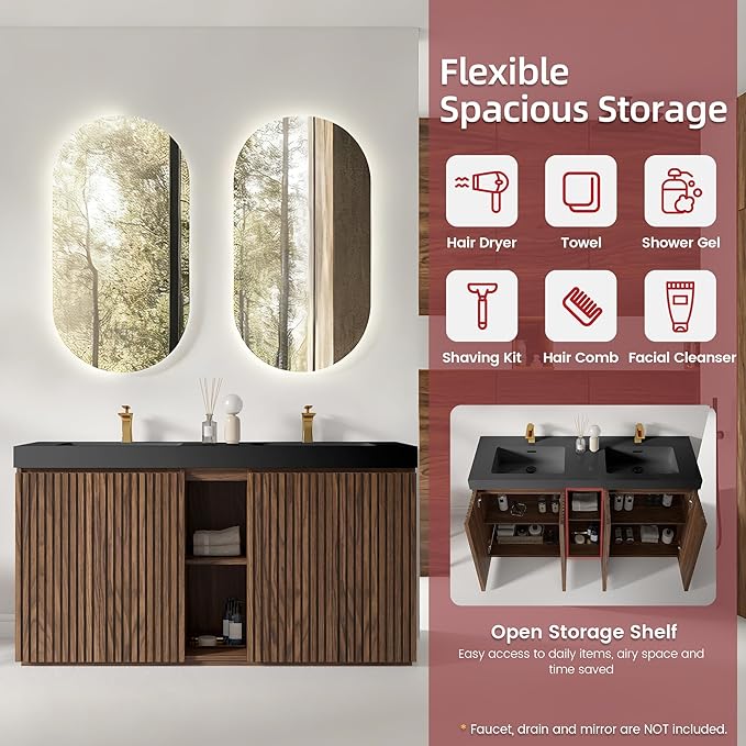 60" Bathroom Vanity with Double Sink, Freestanding Double Sink Bathroom Vanity with Black Engineered Stone Top, Open Storage Cabinet & Adjustable Shelf, 4 Soft-Closing Doors, Walnut