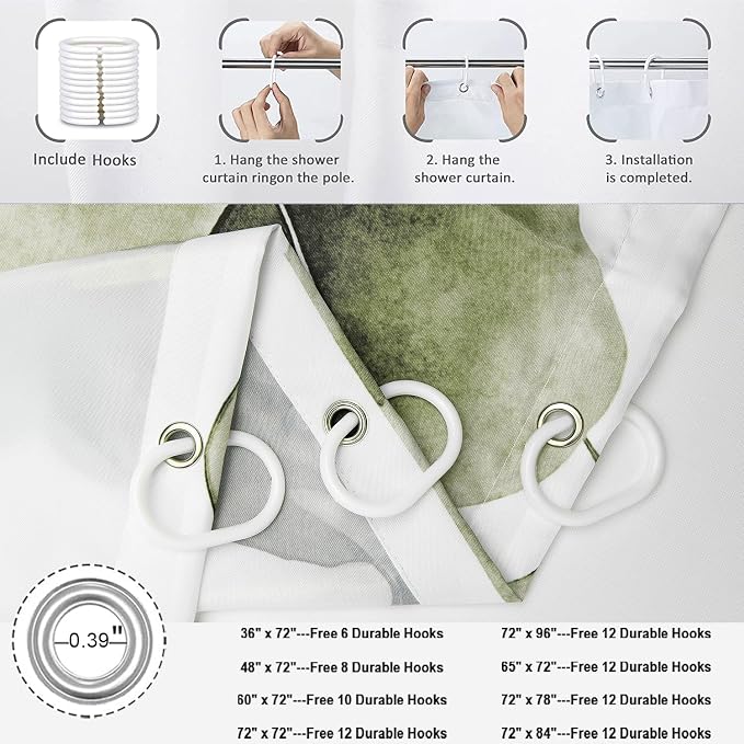 Olive Green Shower Curtain, Watercolor Eucalyptus Leaves Botanical Plants with Floral Bathroom Curtain Home Bathtub Decor Waterproof Fabric Machine Washable with 12 PCS Hooks,72" Wx78 L