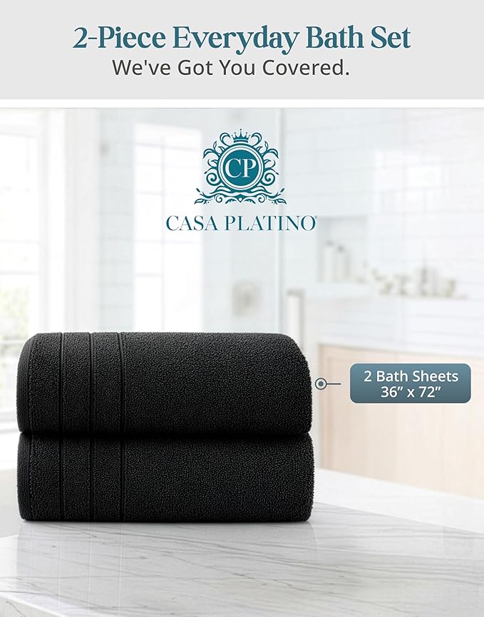 Casa Platino 100% Cotton Bath Sheets 2 Pack (36"x72") - Ring Spun Cotton Extra Large Towel Set for Bathroom - Quick Dry, Soft & Absorbent Bath Sheet Sets - Oeko Tex Certified - Oversized Black Towels